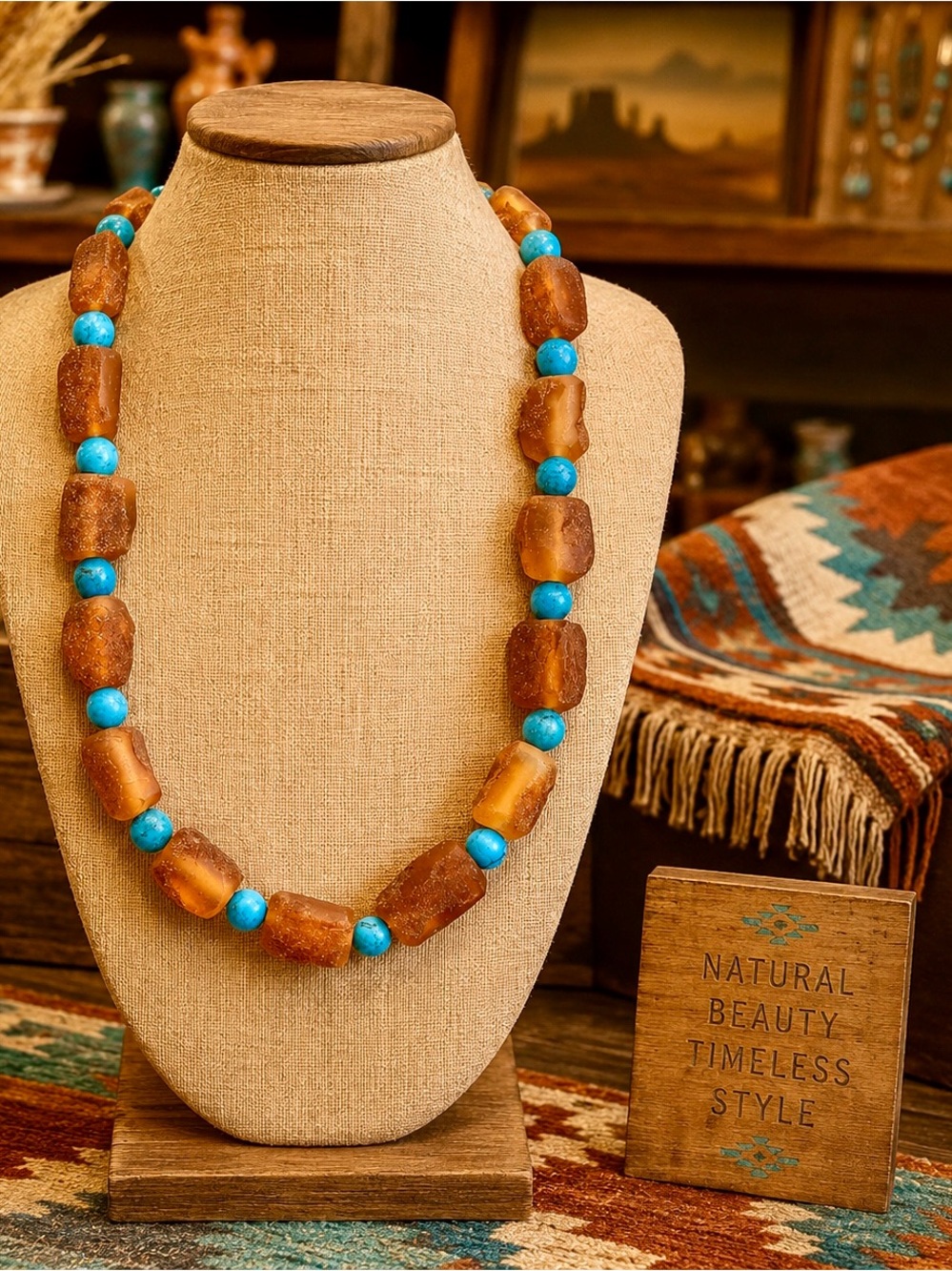 Raw Baltic Amber Turquoise 75.00 ctw Southwest Style Necklace 20 Inches